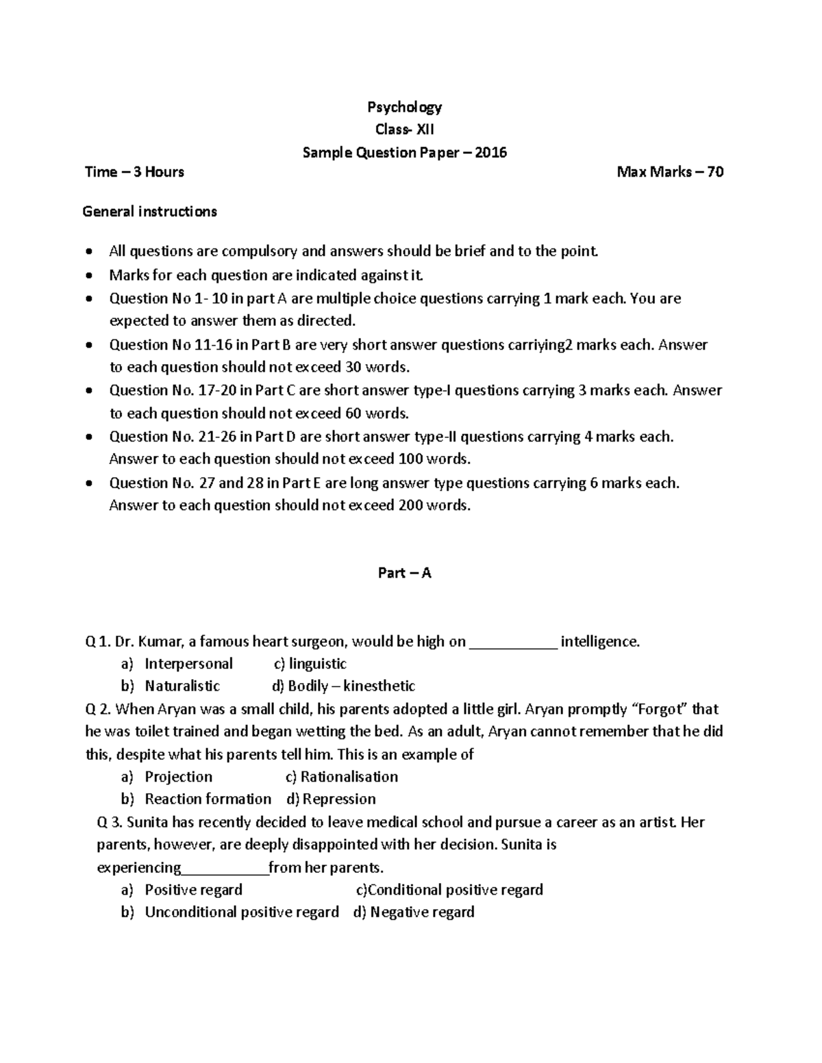 Psychology Class XII - Sample Question Paper Review & Notes - Studocu