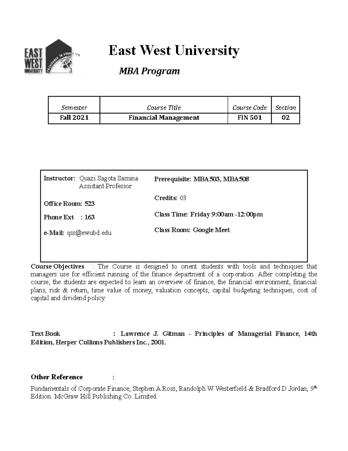 FIN 501 Course Outline: Financial Management Overview & Syllabus - Studocu
