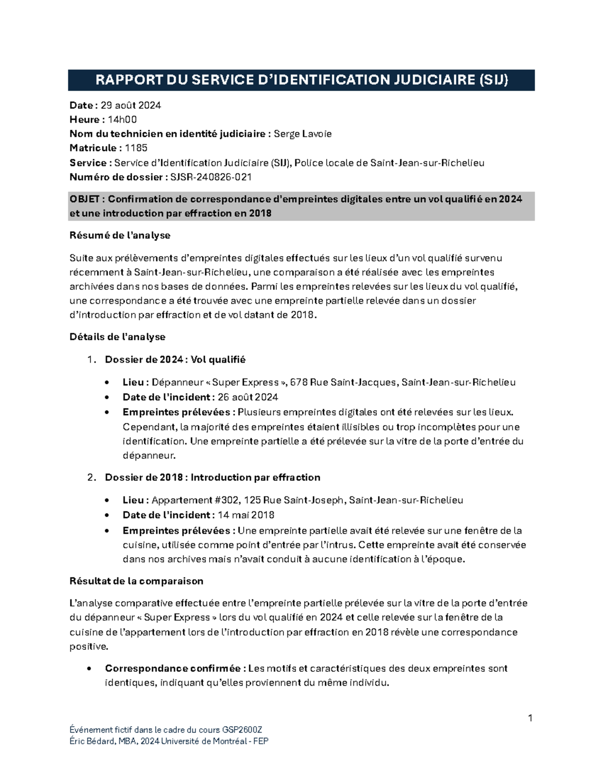 Rapport d'Identification Judiciaire (SIJ) - Correspondance Empreintes ...