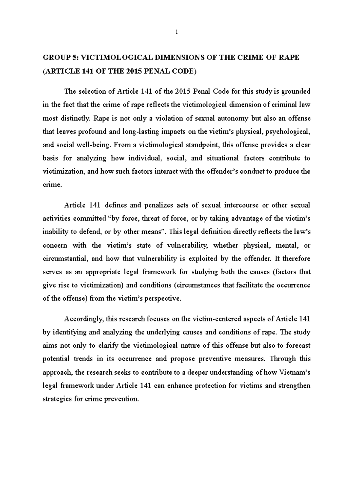 GROUP 5: Victimological Analysis of Rape under Article 141 (2015 Penal ...