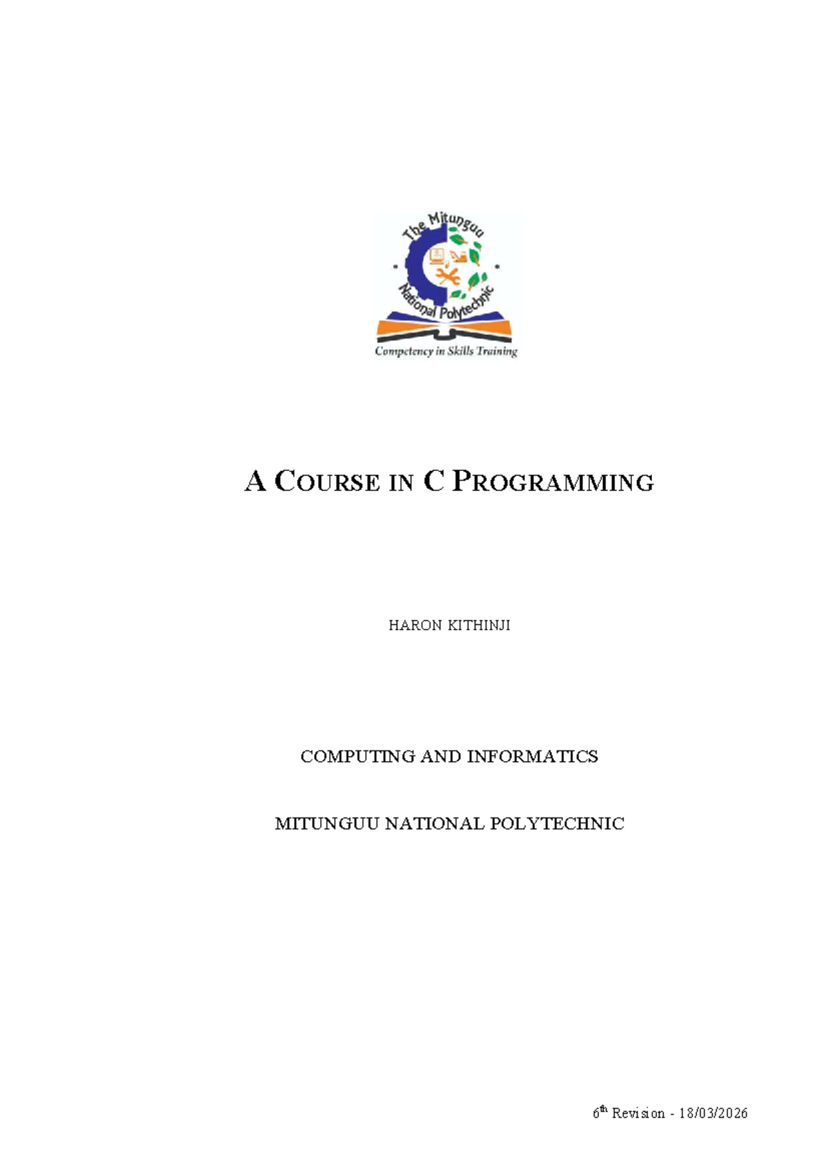 C Programming (CPI101) Lecture Notes: Chapter 1 - Introduction to C ...