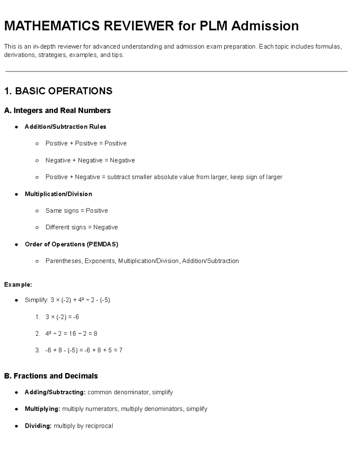 MATHEMATICS REVIEWER for PLM Admission Exam Preparation - Studocu