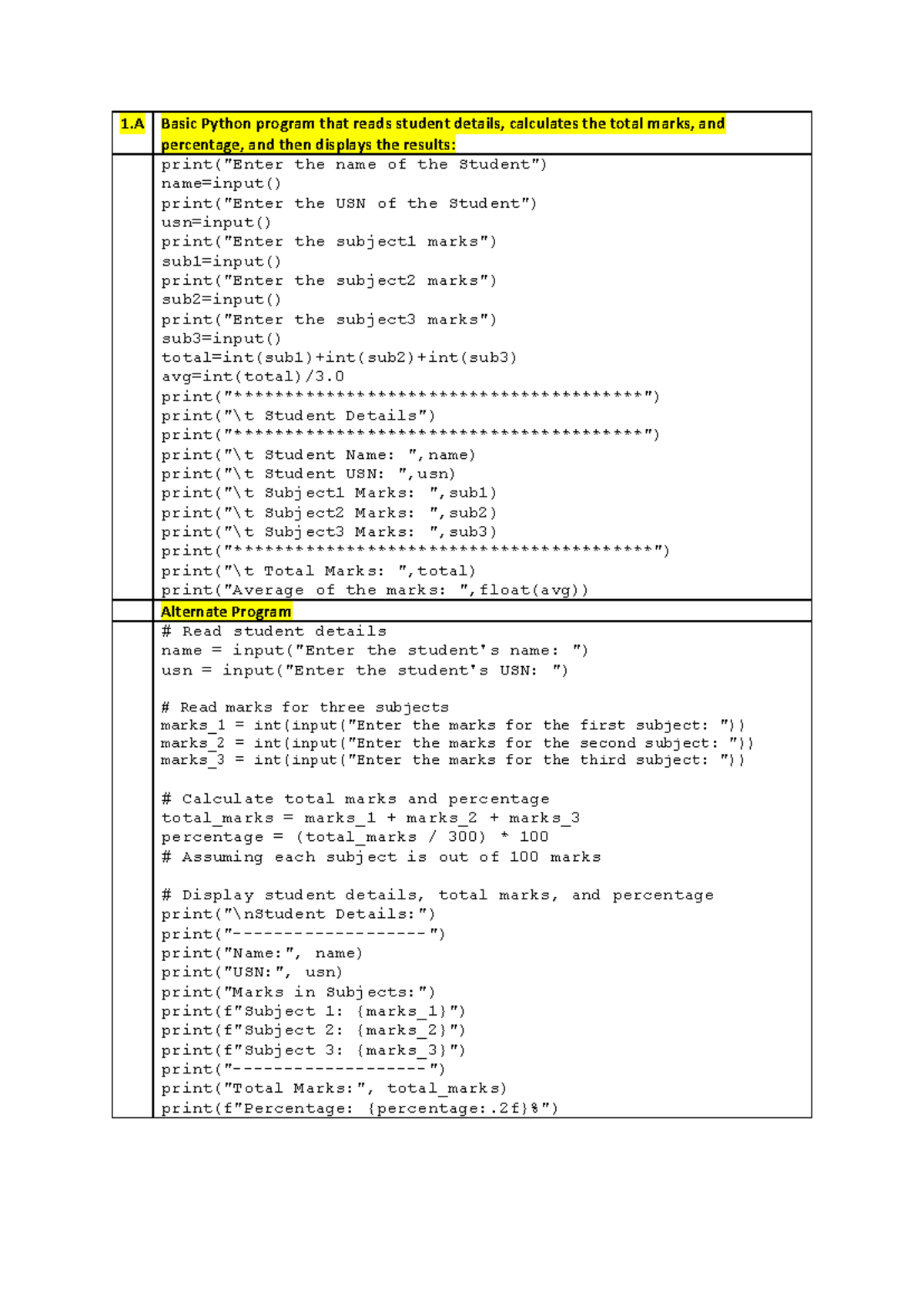 Python Lab Manual: Student Details & Marks Calculation Programs - Studocu