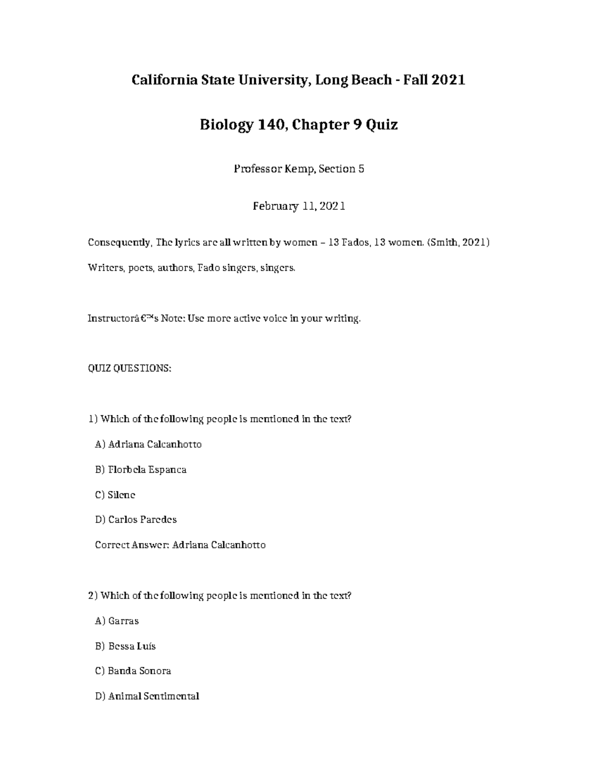 Biology 140 Fall 2021 Chapter 9 Quiz - Professor Kemp - Studocu