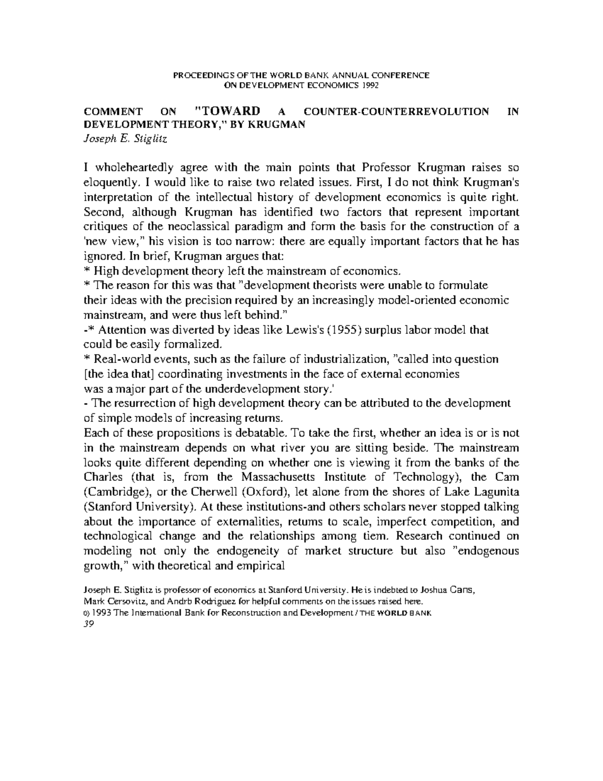 Commentary on Krugman's Development Economics - Stiglitz 1992 - Studocu