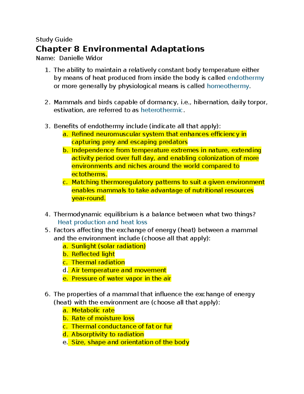 Environmental Adaptations Study Guide for Mammals - Chapter 8 - Studocu