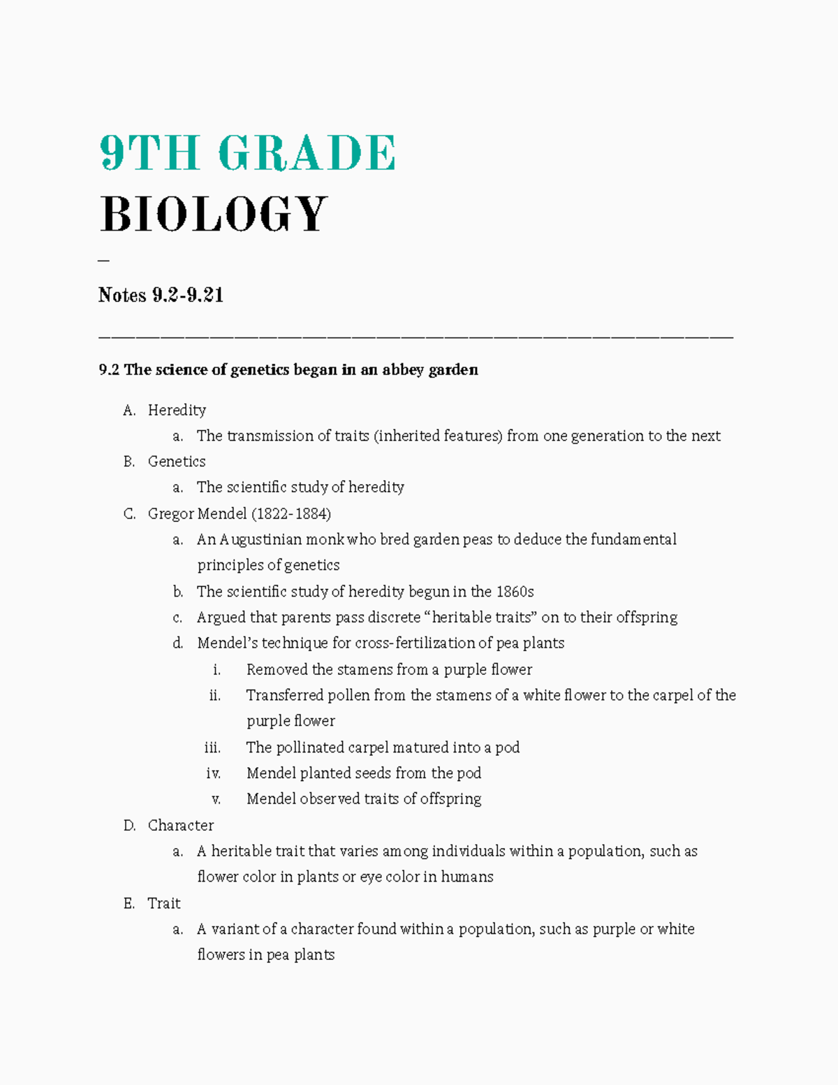 Bio Notes 9: Heredity and Genetics Overview for 9th Grade Students ...