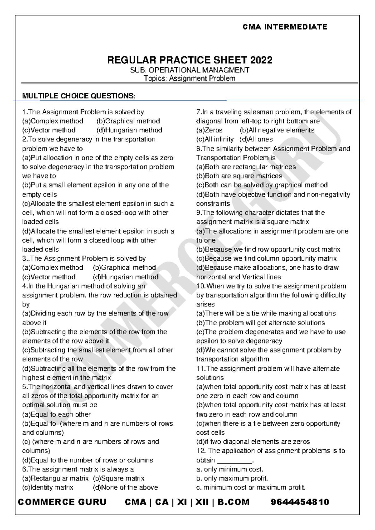 Operational Management Assignment Problem Practice Sheet (2022) - Studocu