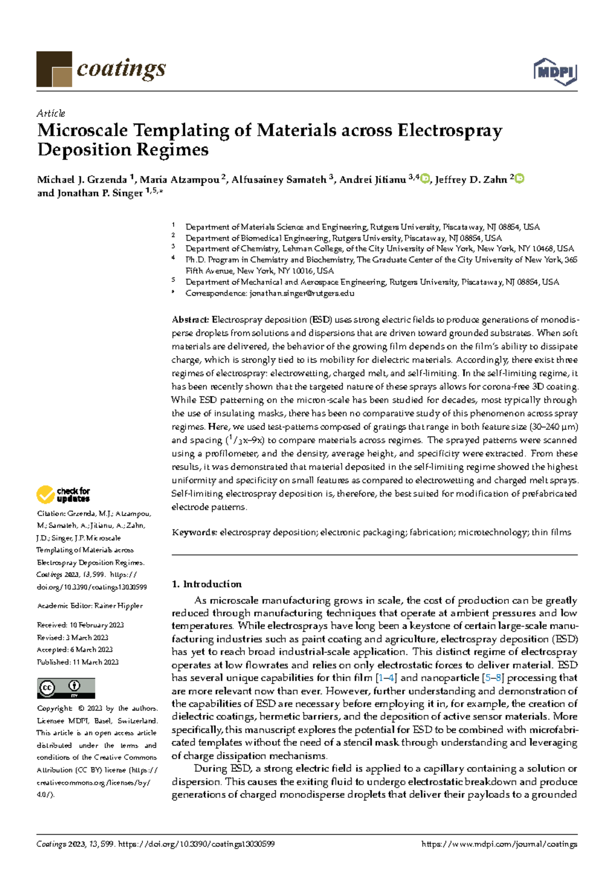 Microscale Templating of Materials via Electrospray Deposition Regimes ...