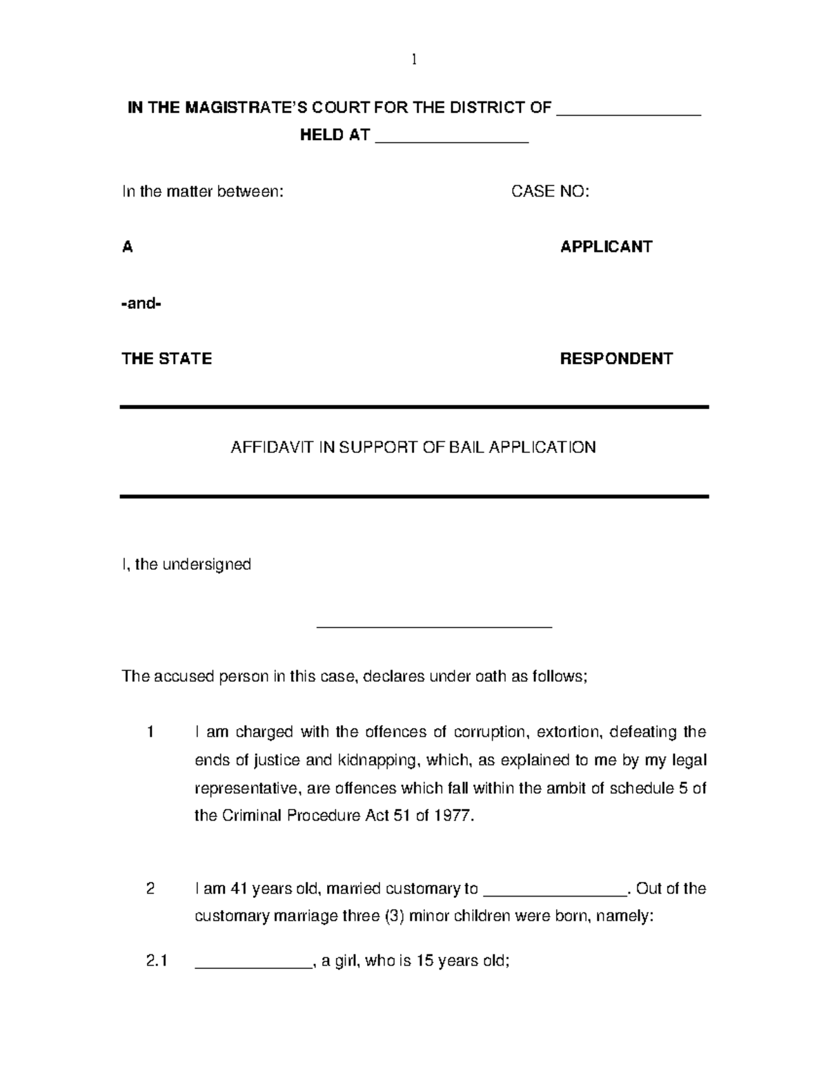 Affidavit in Support of Bail Application - Case No. [Insert Number ...