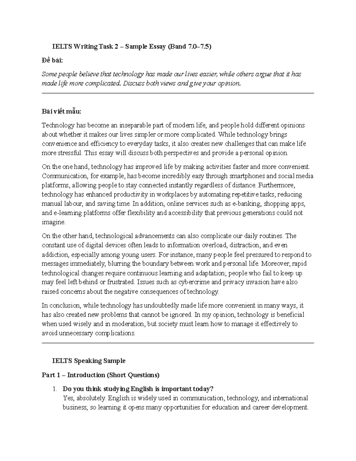 IELTS Writing Task 2 Sample Essay & Speaking Part 1-3 Notes - Studocu