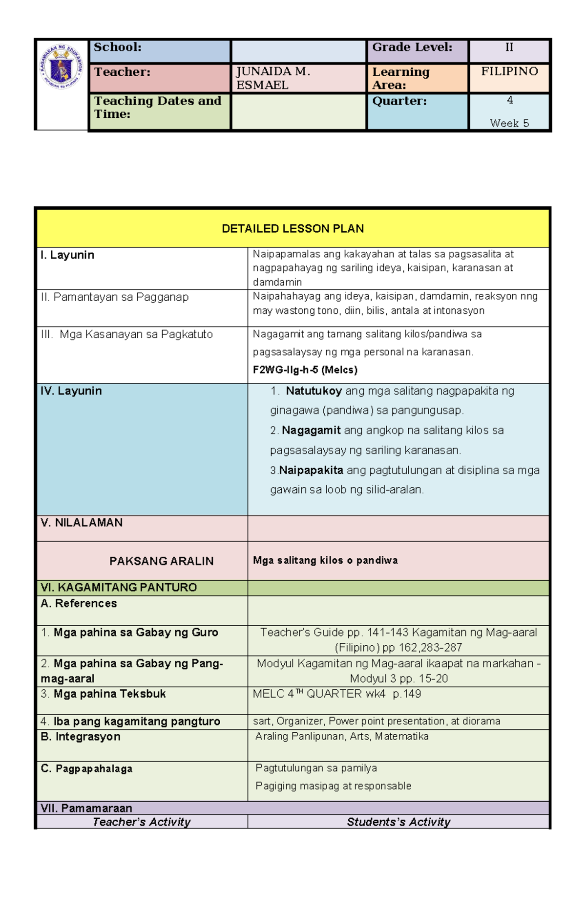 DLP: Filipino 4 Week 5 Lesson Plan by Junaida M. Esmael - Studocu