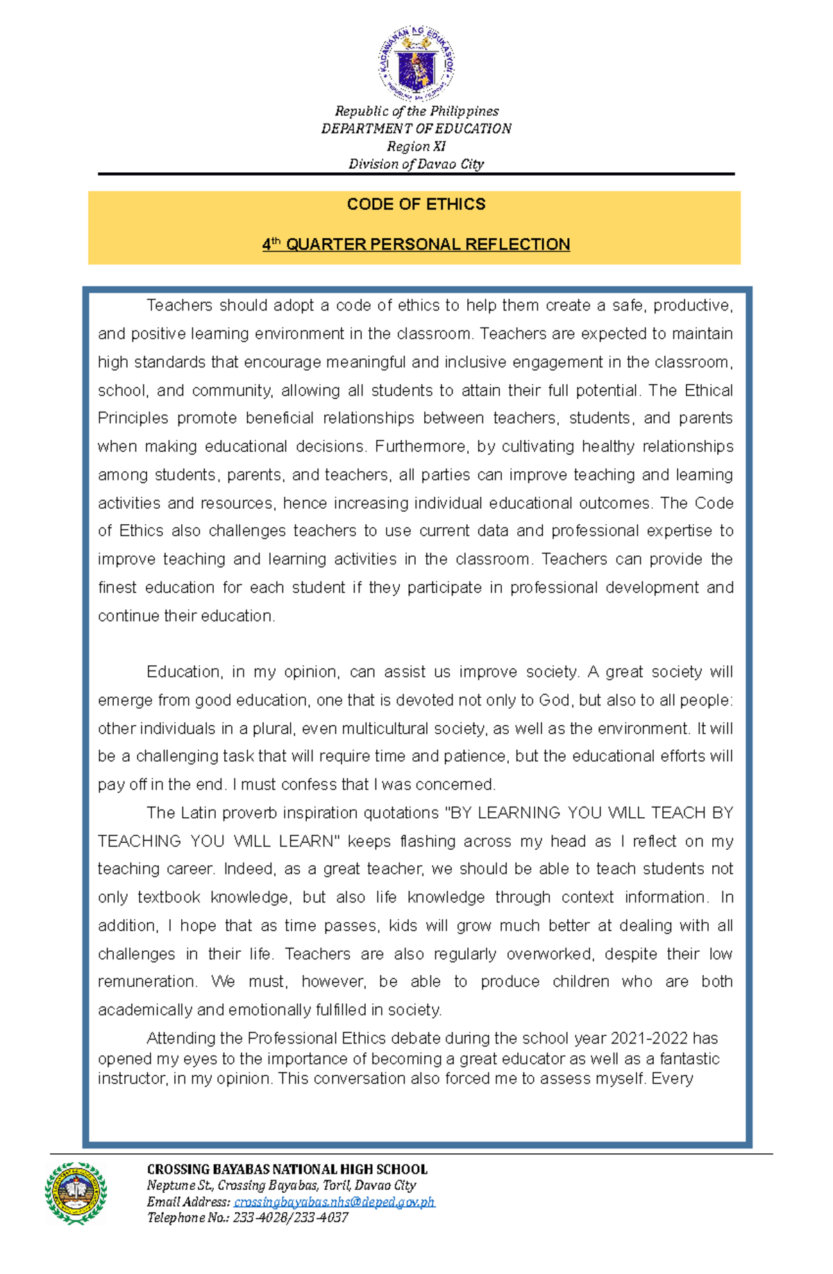 Obj - Code of Ethics: 4th Quarter Reflection Notes for Educators - Studocu