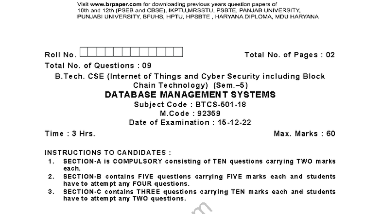 DBMS Midterm Exam Notes - B.Tech. CSE (M.Code: 92359) - Studocu