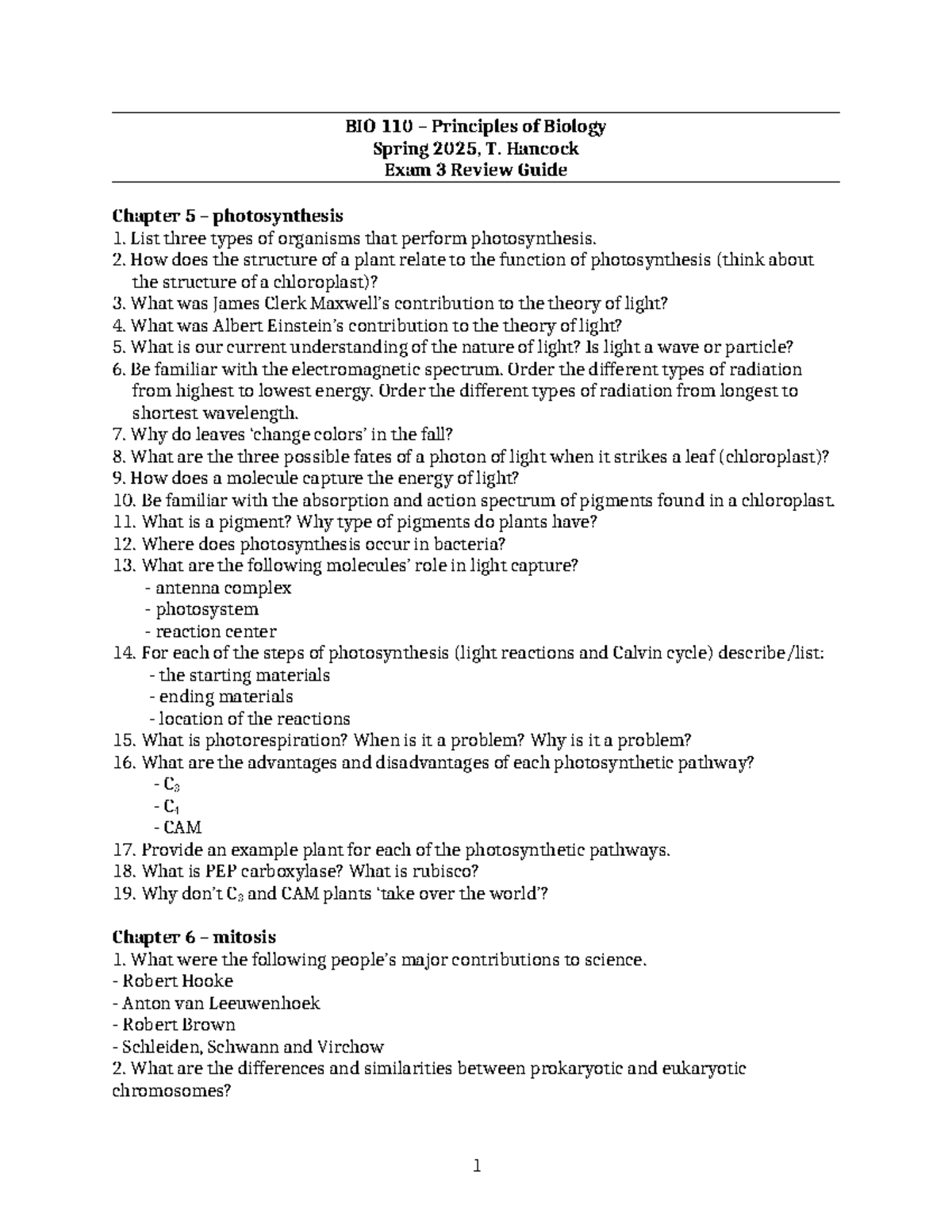 BIO 110 – Principles of Biology Exam 3 Review Guide - Spring 2025 - BIO ...
