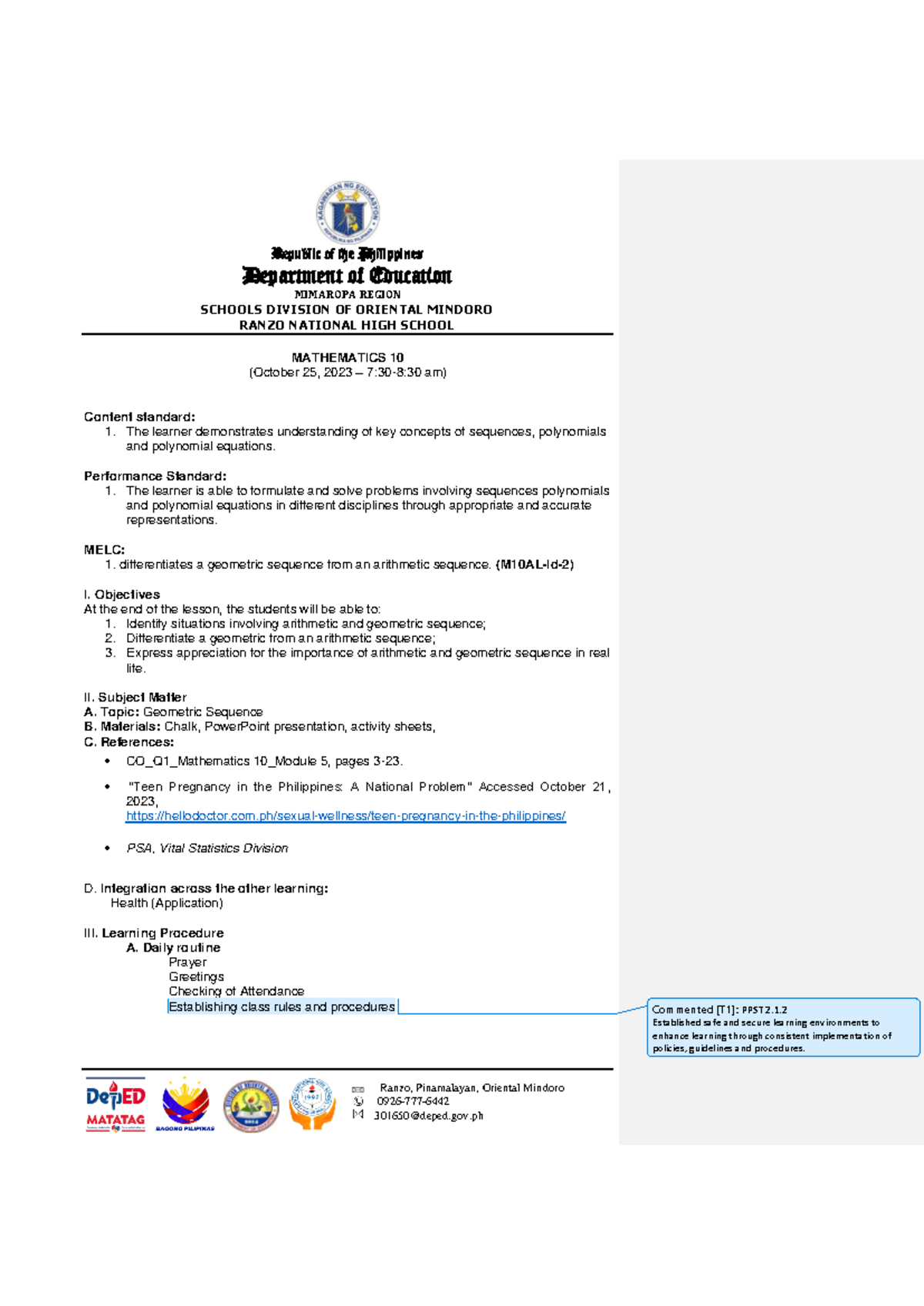 Mathematics 10 Lesson Plan on Arithmetic & Geometric Sequences (M10AL ...