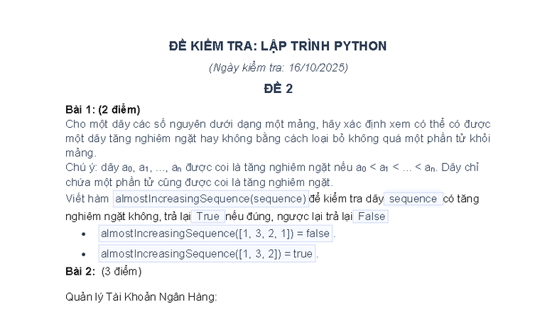 ĐỀ KIỂM TRA: LẬP TRÌNH PYTHON - ĐỀ 2 (2025) - Studocu