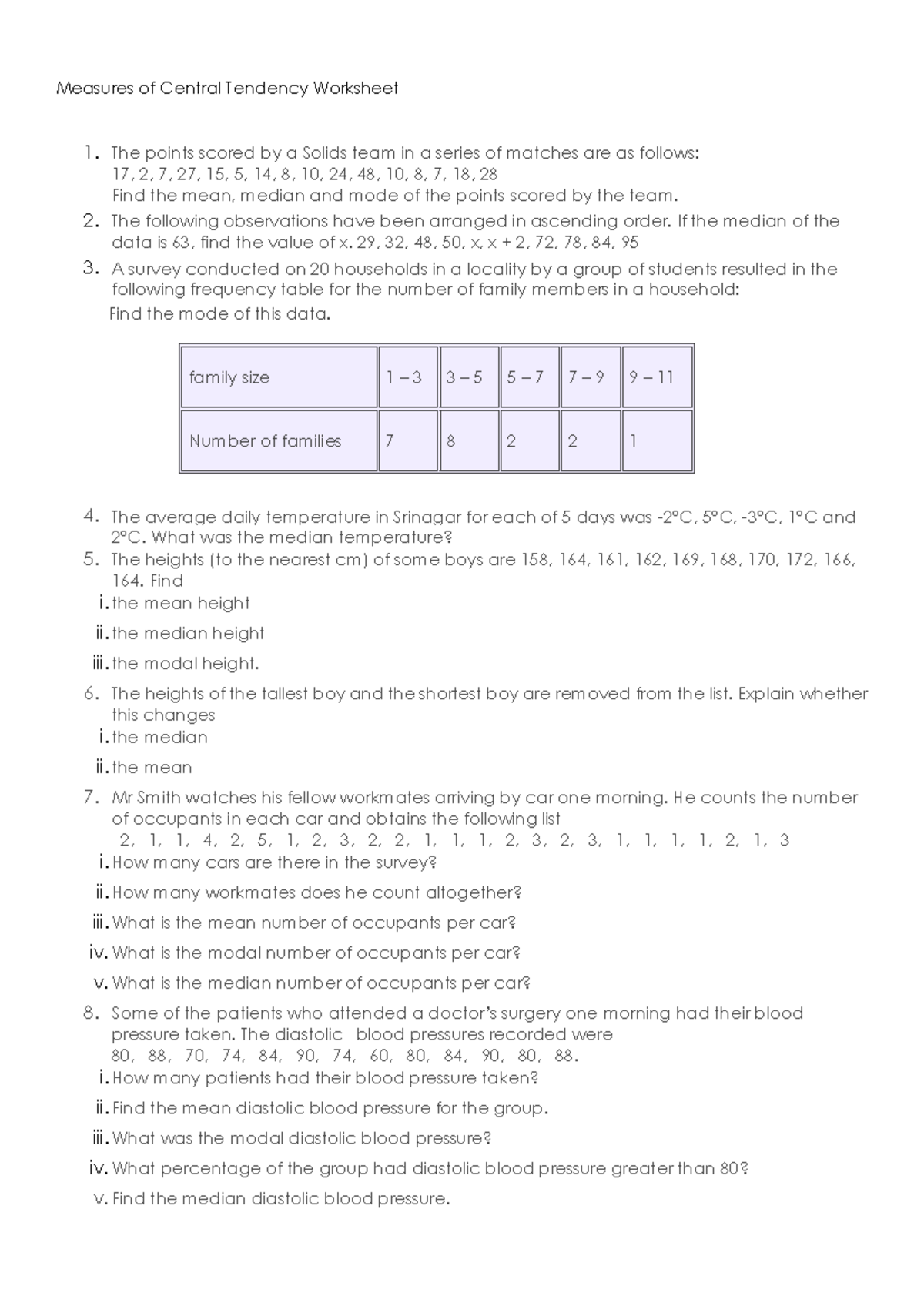 Measures of Central Tendency Worksheet (Statistics 101) - Studocu