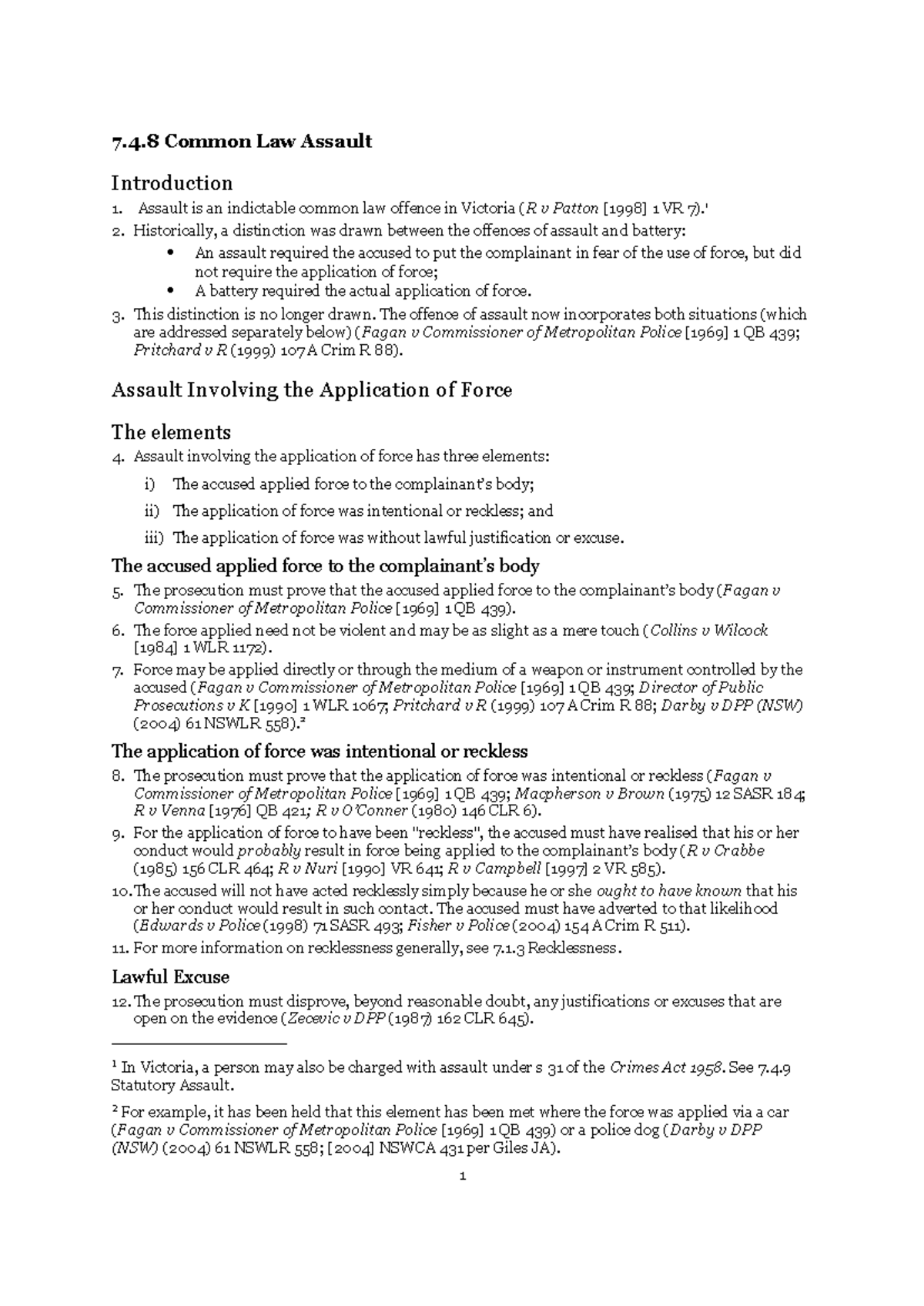 7.4.8 Common Law Assault: Key Elements and Legal Principles - Studocu