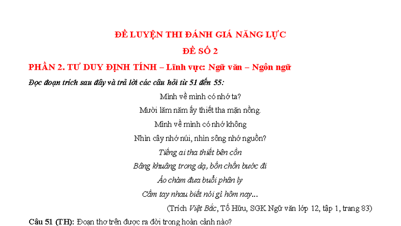 ĐỀ LUYỆN THI ĐÁNH GIÁ NĂNG LỰC ĐỀ SỐ 2 PHẦN 2: TƯ DUY ĐỊNH TÍNH - Studocu