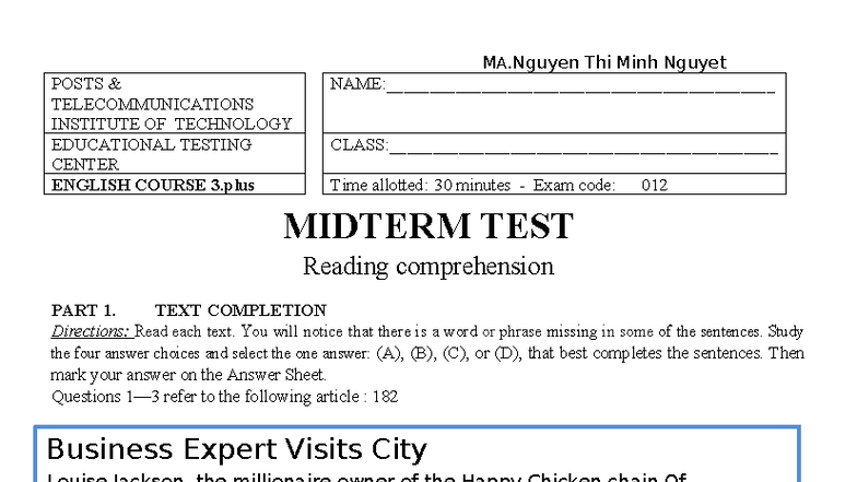 Midterm Test: English Course 3+ - Reading Comprehension & Text ...