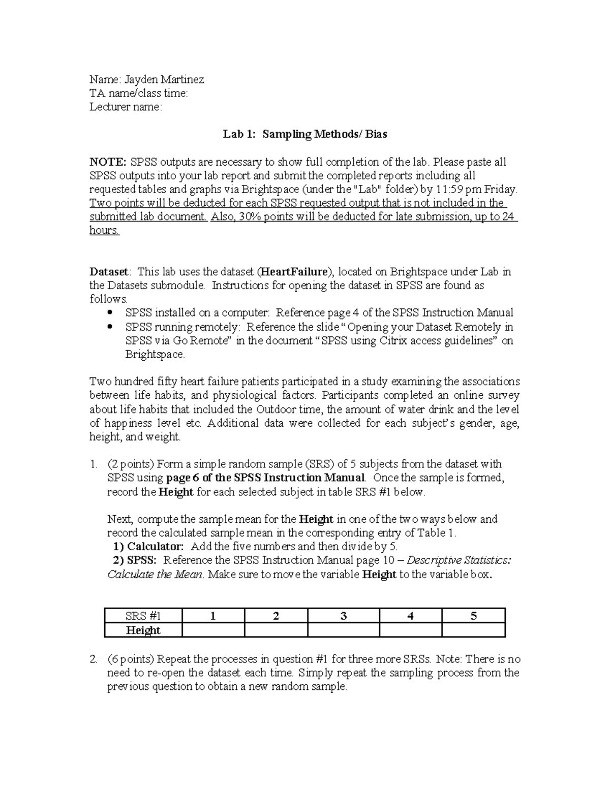 Lab Report on Sampling Methods and Bias - Stats Lab 1 - Studocu