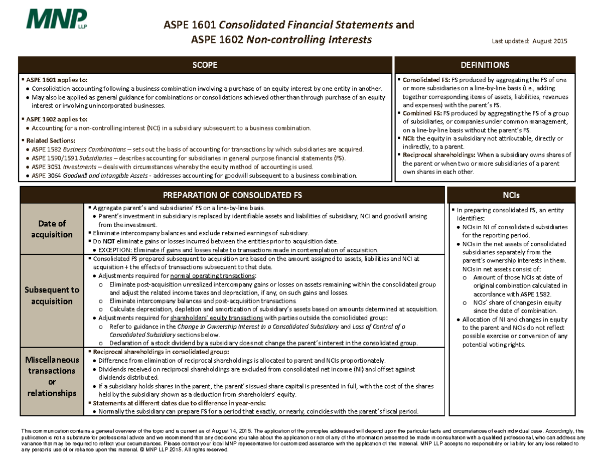 ASPE 1601 & 1602 Consolidated Financial Statements Overview (2015 ...