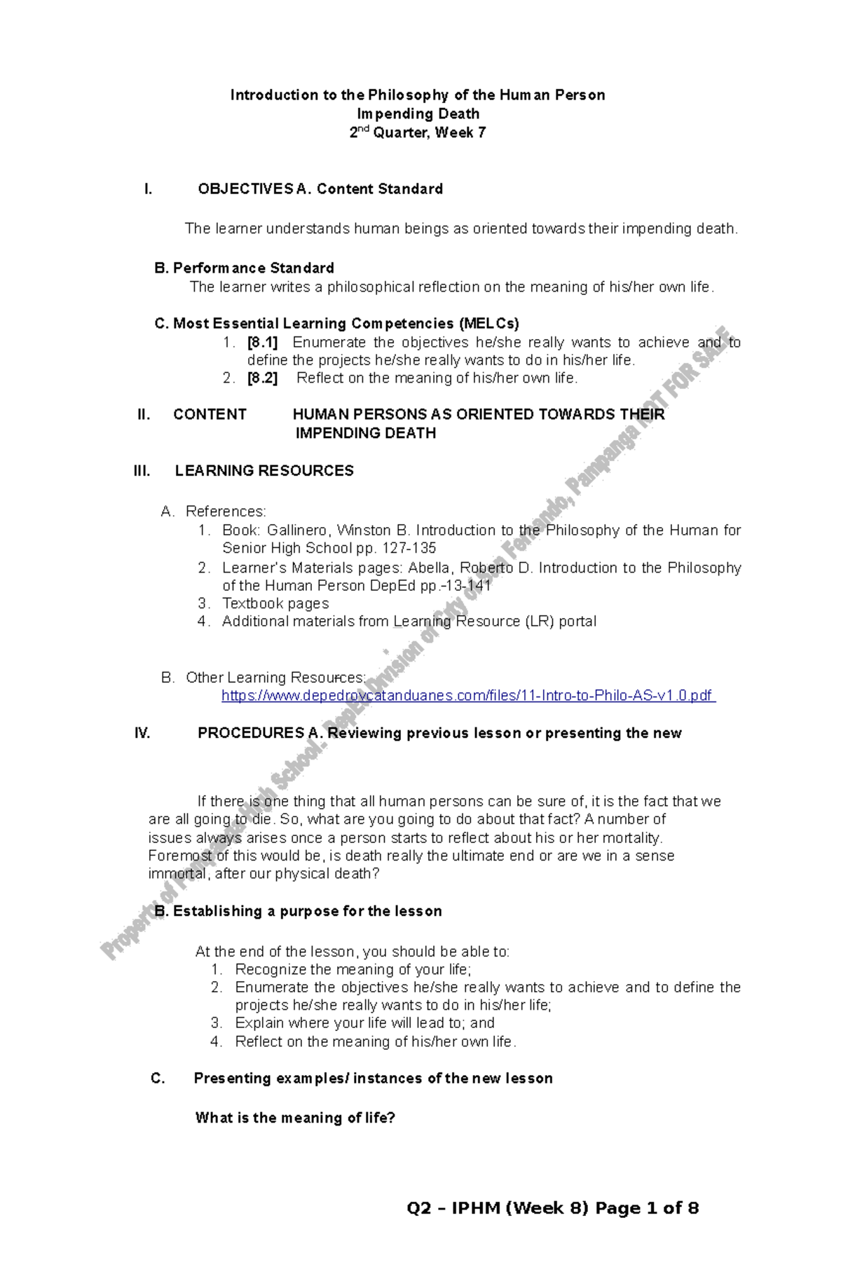 Philosophy 101 - Week 7 Lecture Notes on Impending Death and Life ...