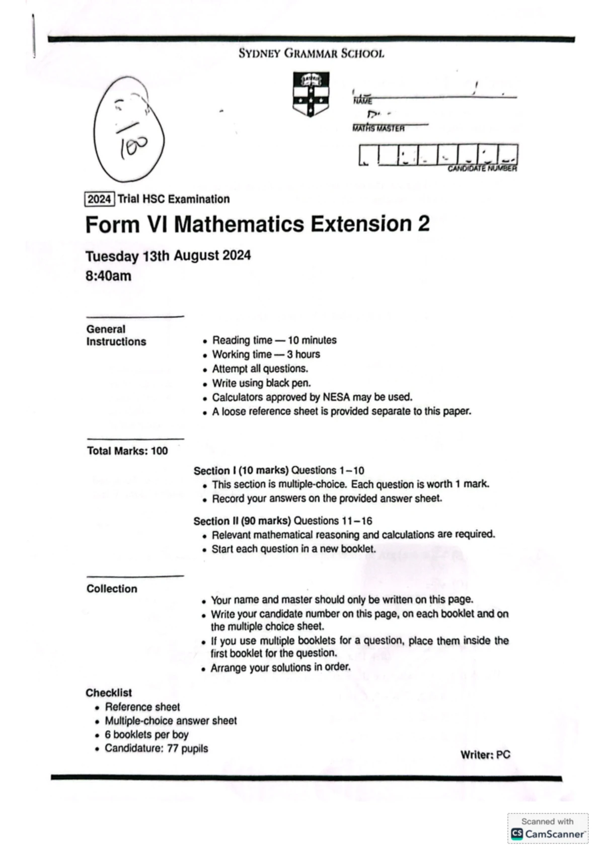 2024 Abbotsleigh School - X2 - Trial Math Ext 2 Exam Questions - Studocu