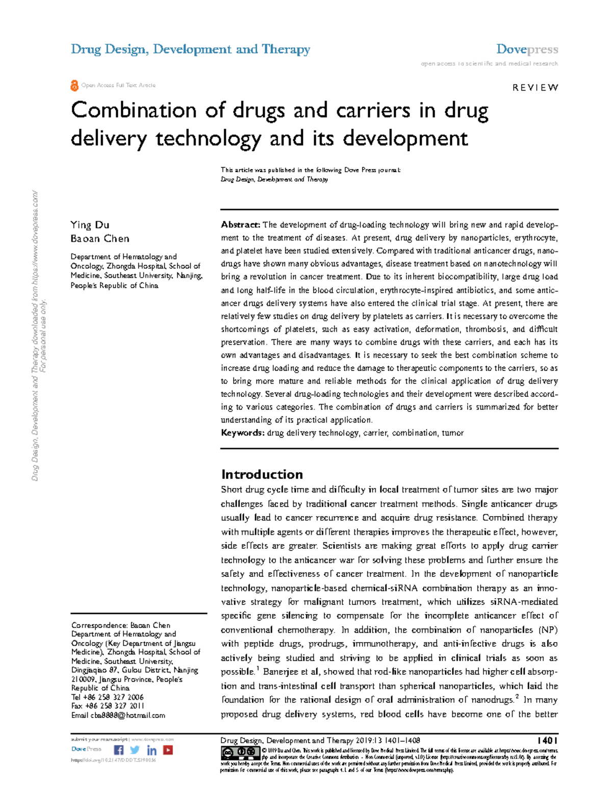 Drug Design, Development and Therapy: Combination of Drugs & Carriers ...