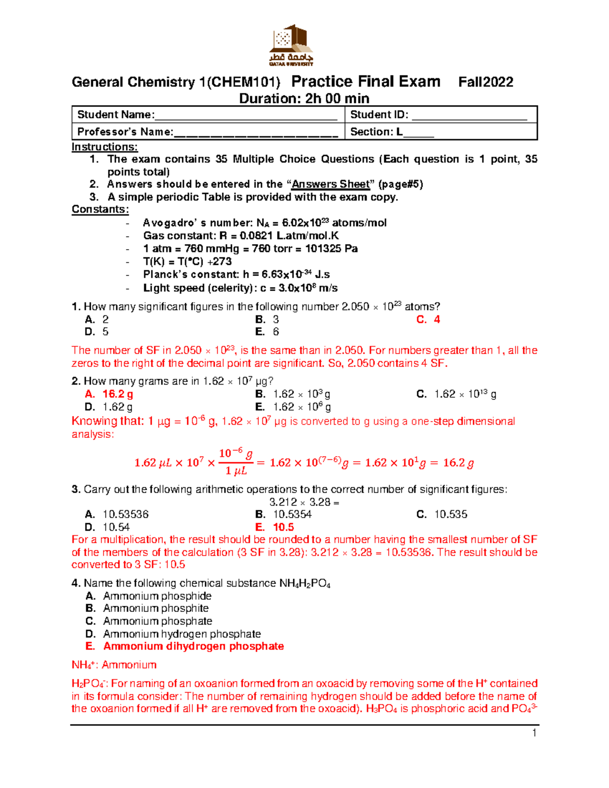 Practice Final Exam Answers for General Chemistry 1 (CHEM101) Fall 2022 ...