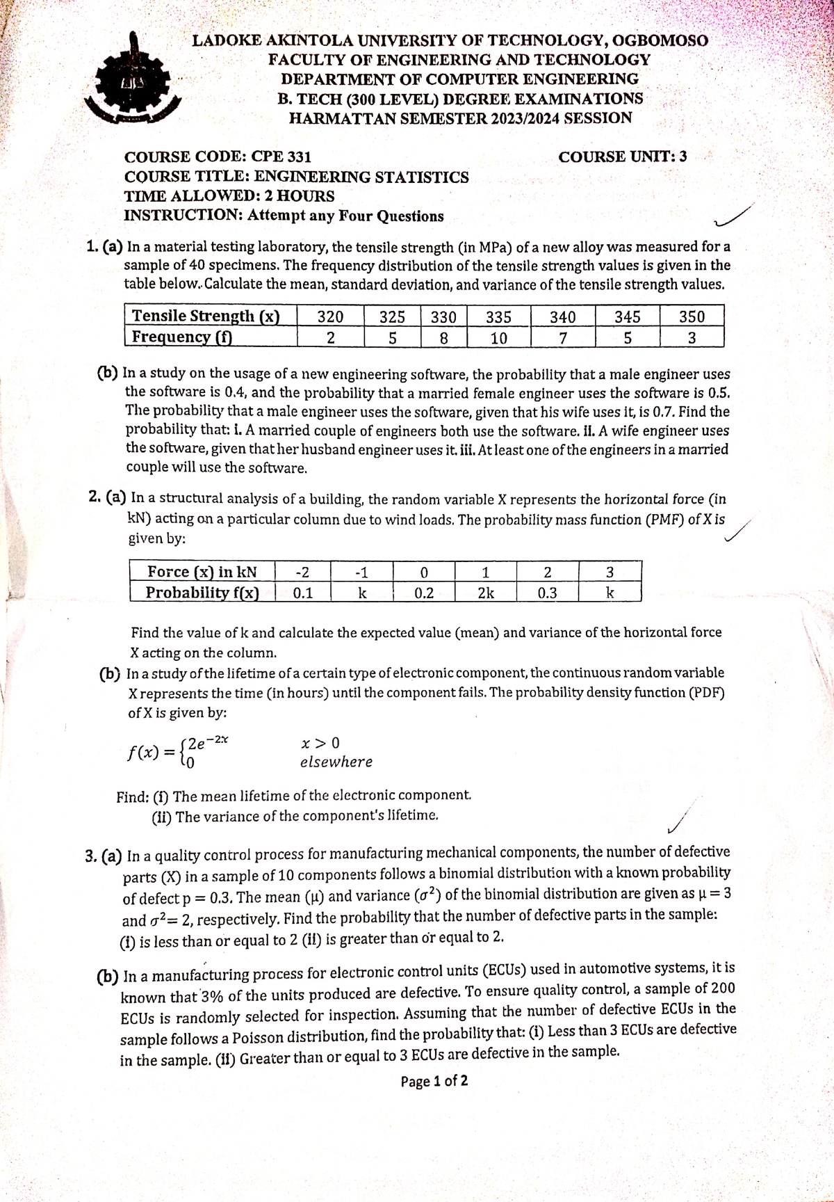 CPE 331 Engineering Statistics: Comprehensive Exam Questions ...