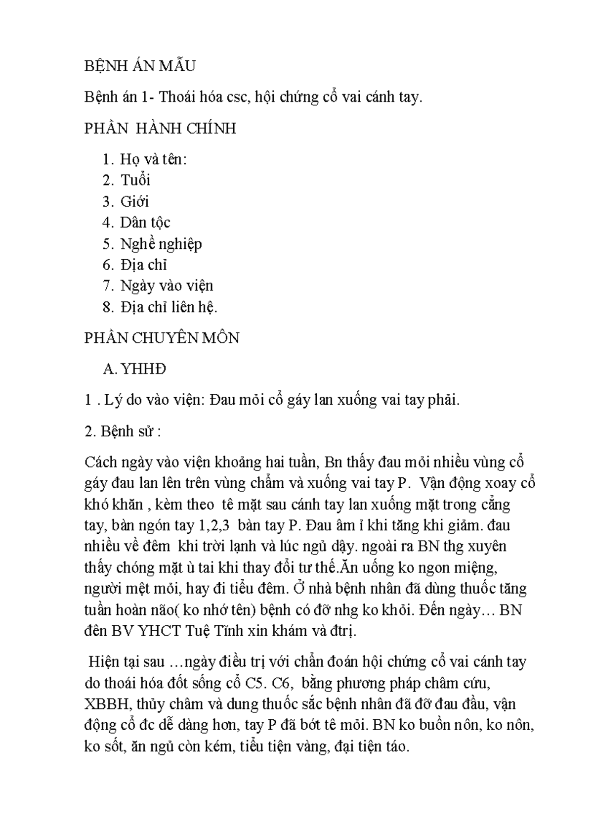 BỆNH ÁN MẪU: Đau Vai Gáy và Hội Chứng Cổ Vai Cánh Tay YHCT - Document Preview