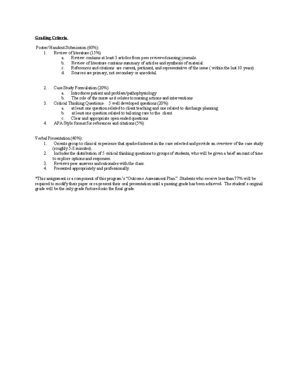 Case Study Grading Criteria - Grading Criteria Poster/ Handout ...