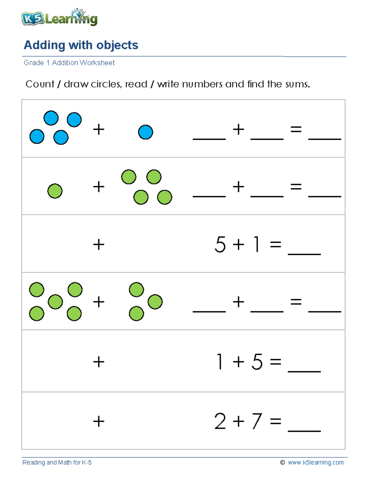 Additon 1 - adding - Reading and Math for K- 5 © k5learning Adding with ...