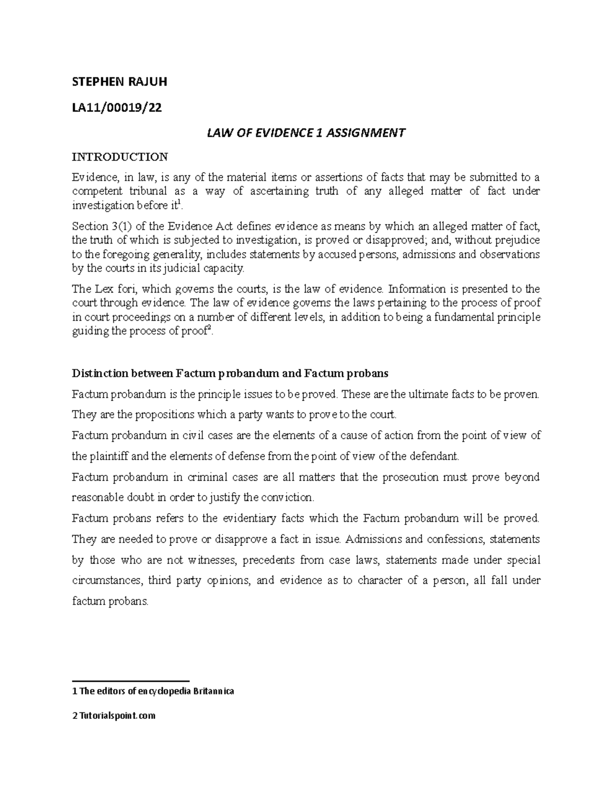 LA11/00019 - Law of Evidence 1 Lecture Notes & Assignment Overview ...