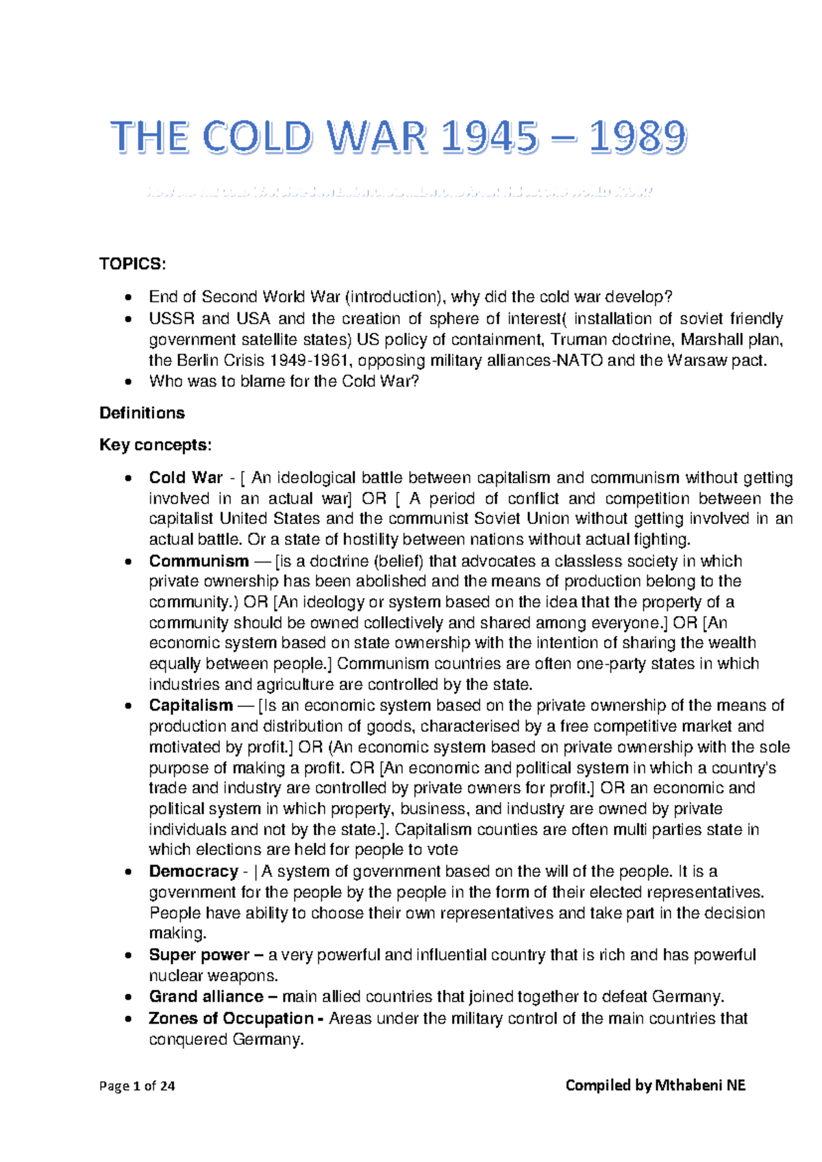 COLD WAR: Key Concepts and Events - Grade 12 History Notes - Studocu