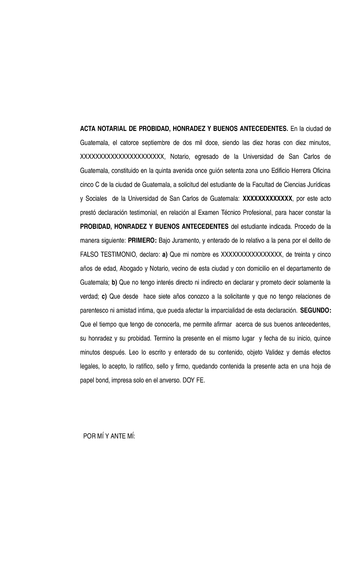 ACTA Notarial de Probidad y Honradez para Examen Técnico Profesional - Document Preview