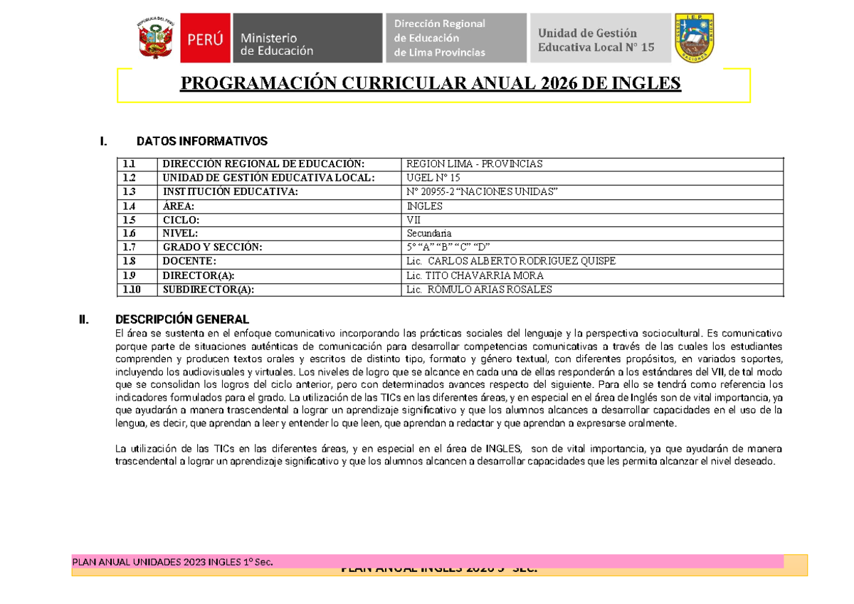 PLAN ANUAL DE INGLÉS I - 5° SECUNDARIA 2026 - Document Preview