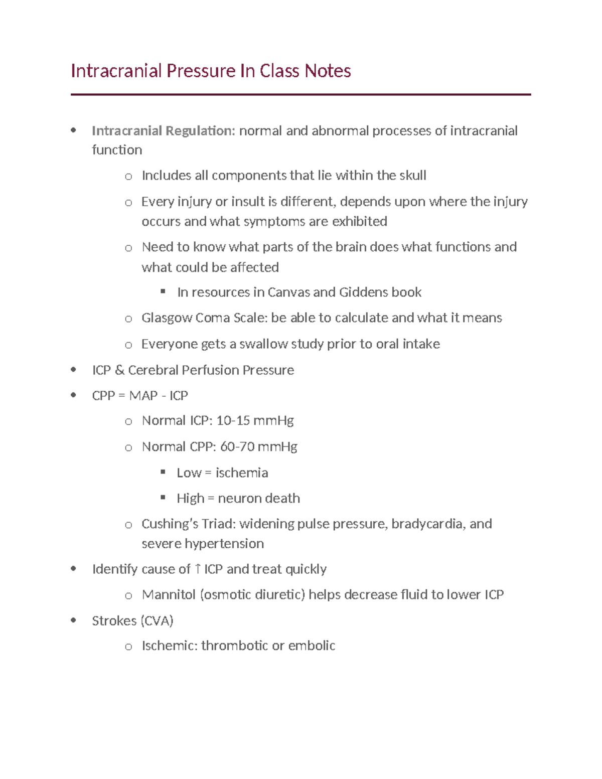 Intracranial Regulation Class Notes: ICP, CPP, and Brain Injury ...