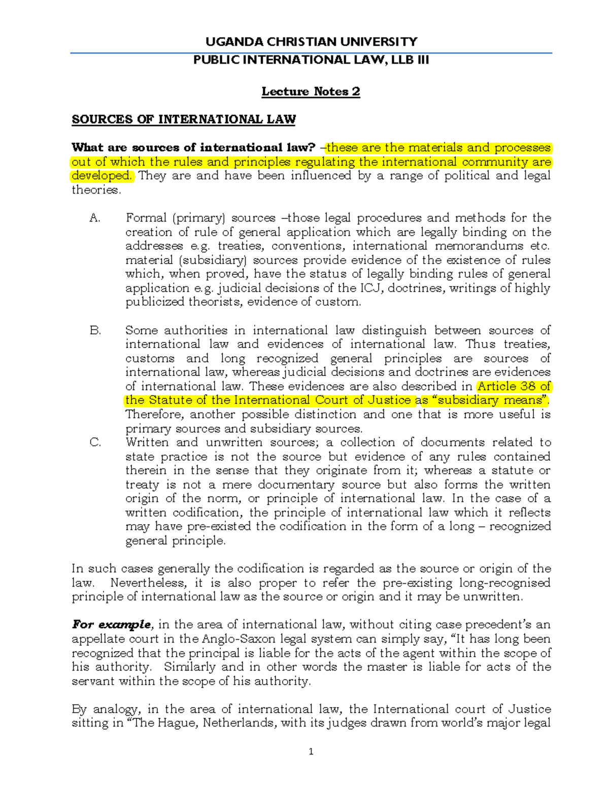 LLB III: Lecture Notes on Sources of International Law - Studocu