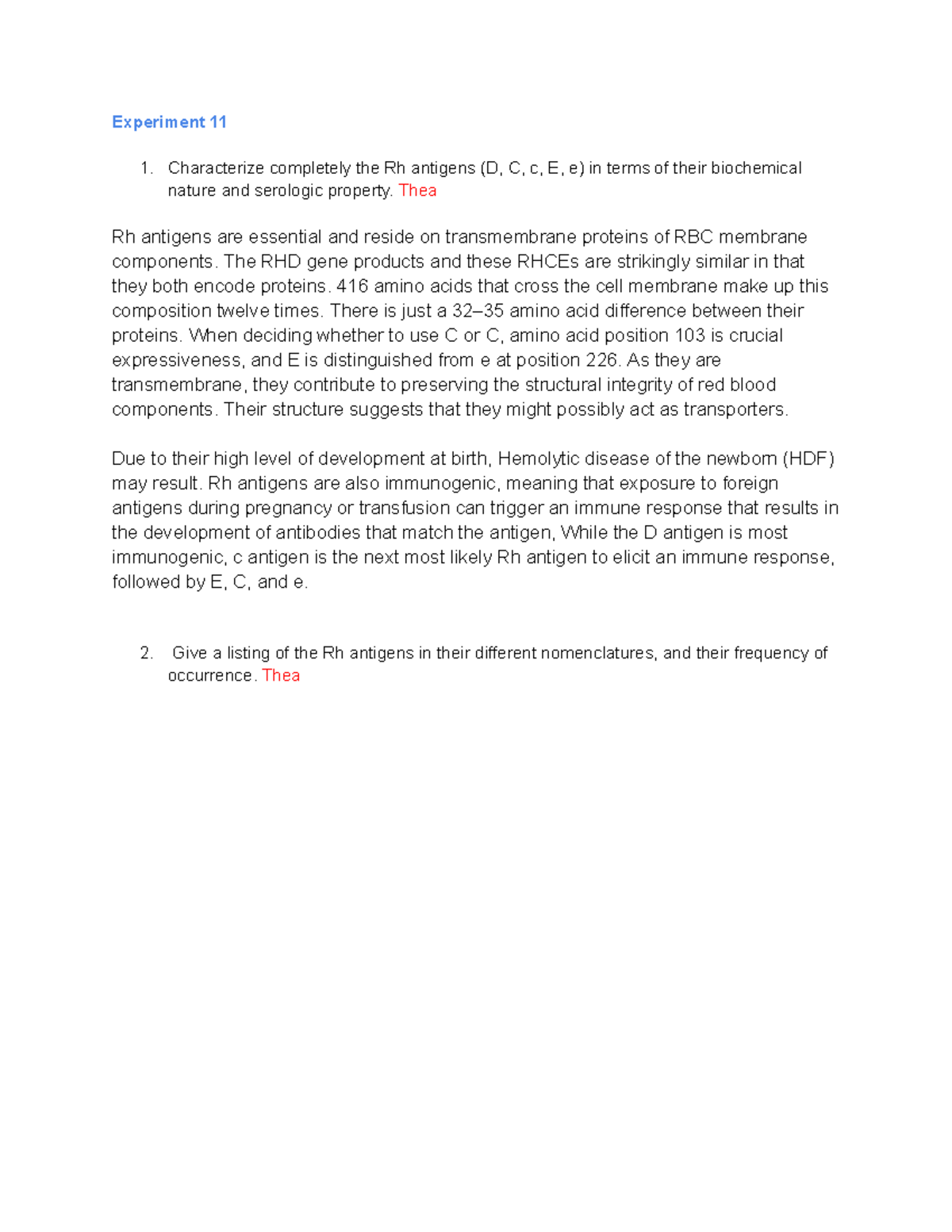 QFR 11, 12, and 13 - Immunohematology Rh Typing - Experiment 11 ...