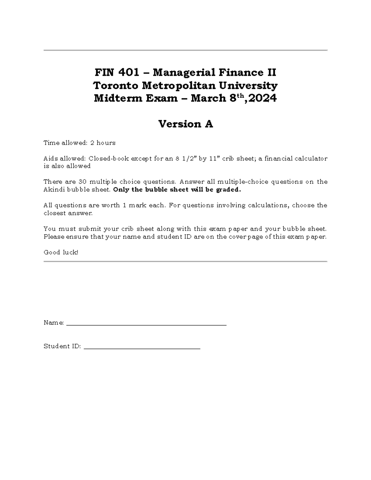 FIN 401 Managerial Finance II Midterm Exam March 2024 Version A - Studocu