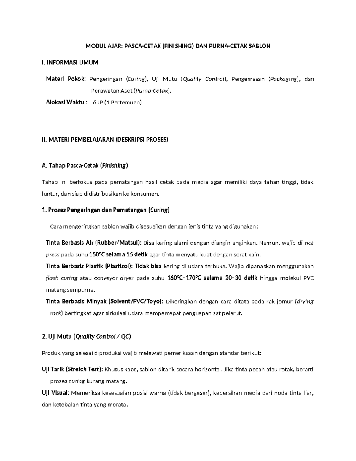 MODUL AJAR: Finishing dan Sablon - Proses dan Perawatan - Studocu