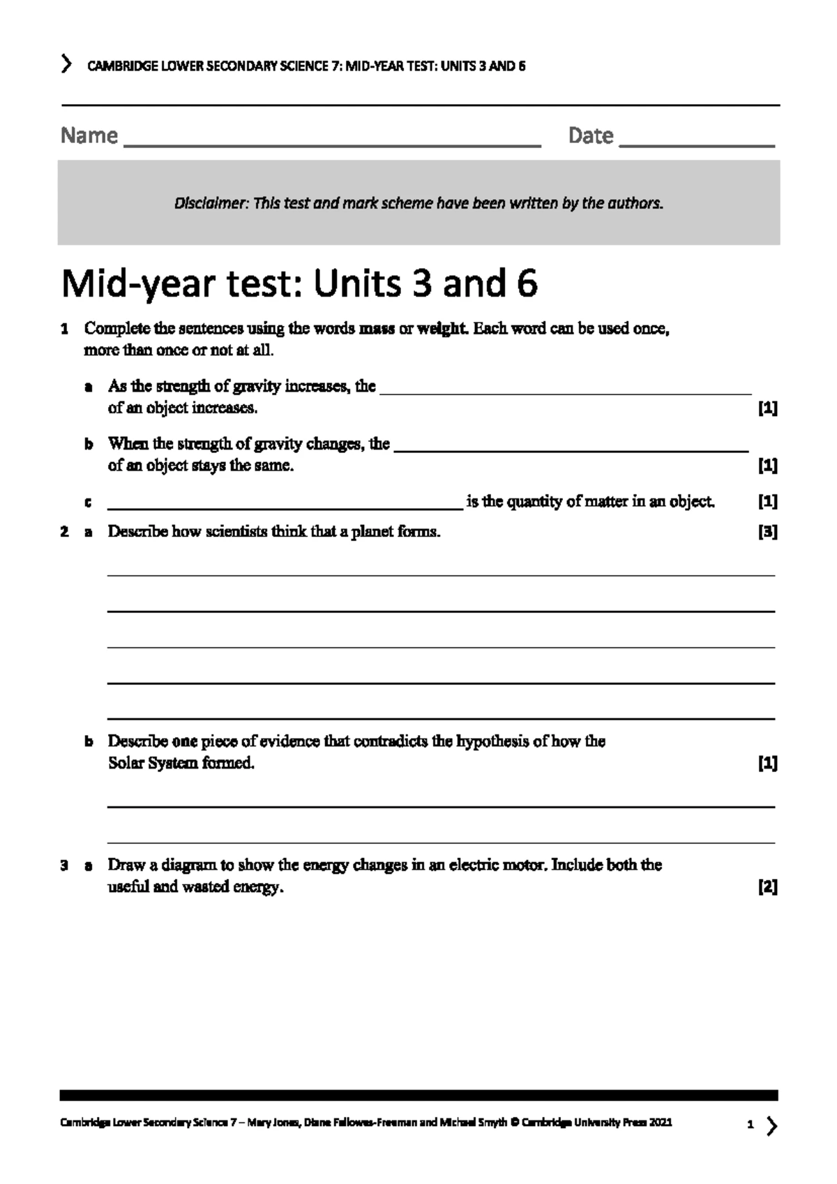CAMBRIDGE LOWER SECONDARY SCIENCE 7: TEST ON UNITS 1 & 4 - Studocu