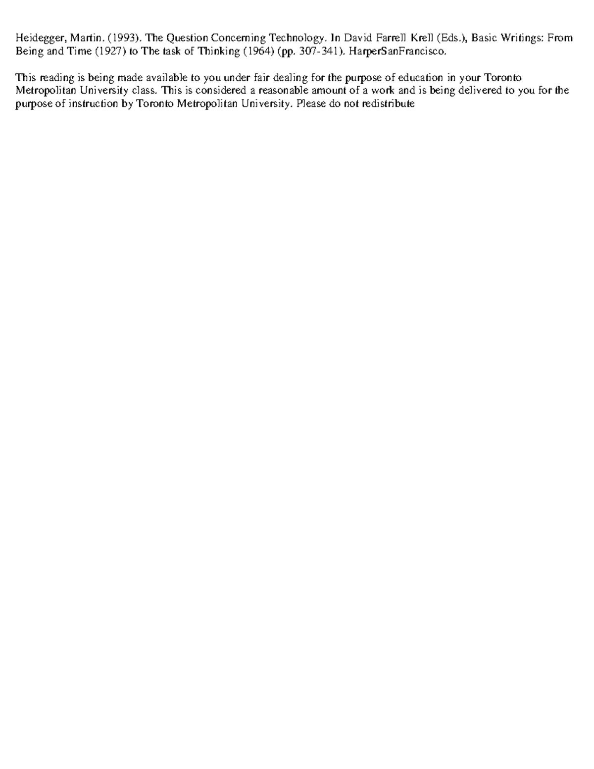 The Question Concerning Technology - Heidegger, Martin. (1993). The ...