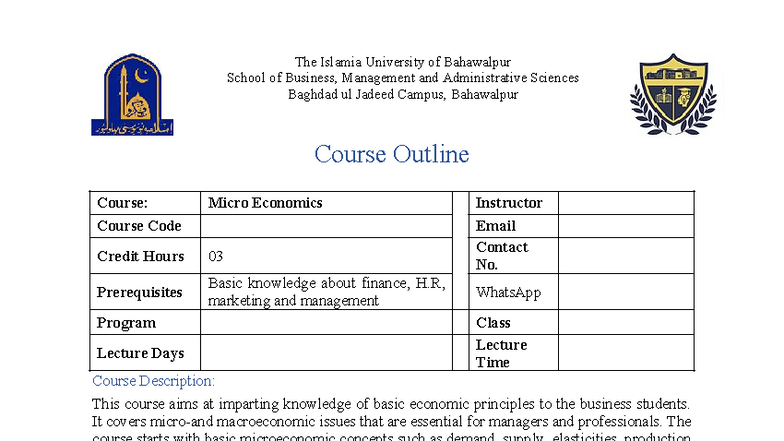 Micro Economics Course Outline - MGT 101 (3 Credit Hours) - Studocu