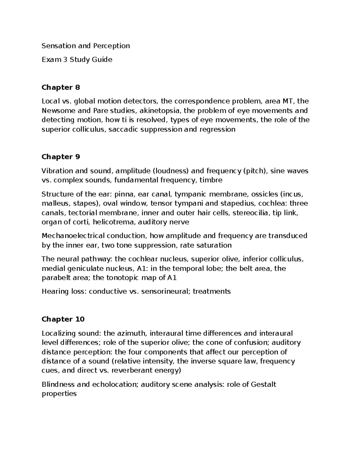 Sensation and Perception Exam 3 Study Guide: Chapters 8-10 Insights ...