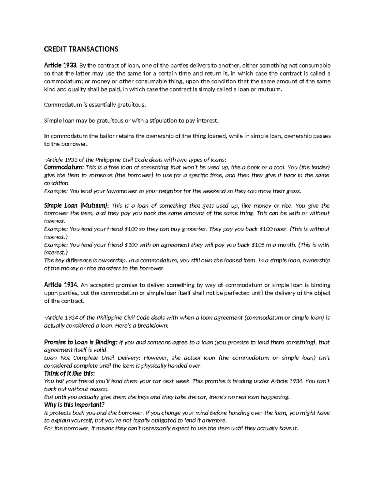 CREDIT TRANSACTIONS: Understanding Articles 1933-1961 of the Civil Code ...