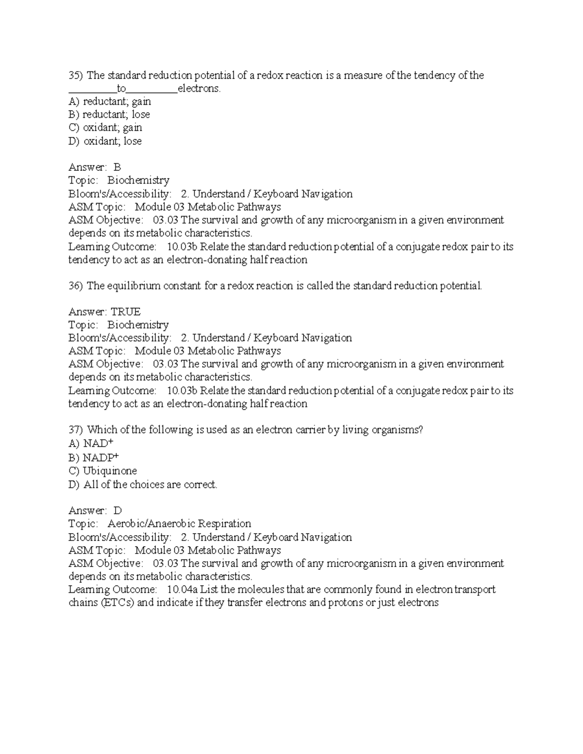 Biochemistry 2: Redox Reactions & Metabolic Pathways Test Bank - Studocu